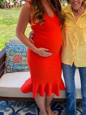 Pinkblush coral orange Red Sleeveless Maternity Dress with Ruffle Hem